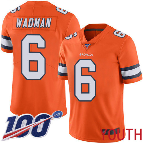 Youth Denver Broncos #6 Colby Wadman Limited Orange Rush Vapor Untouchable 100th Season Football NFL Jersey->youth nfl jersey->Youth Jersey